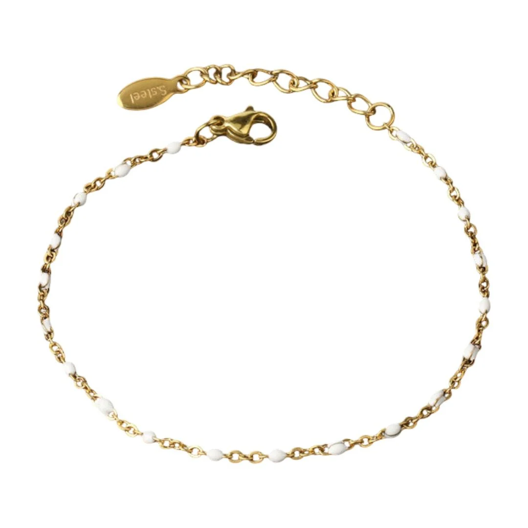 Bracelet fin fantaisie en acier inoxydable doré, maille forçat plaqué or, perles colorées, réglable avec fermoir mousqueton, modèle Fuzy – Image 9