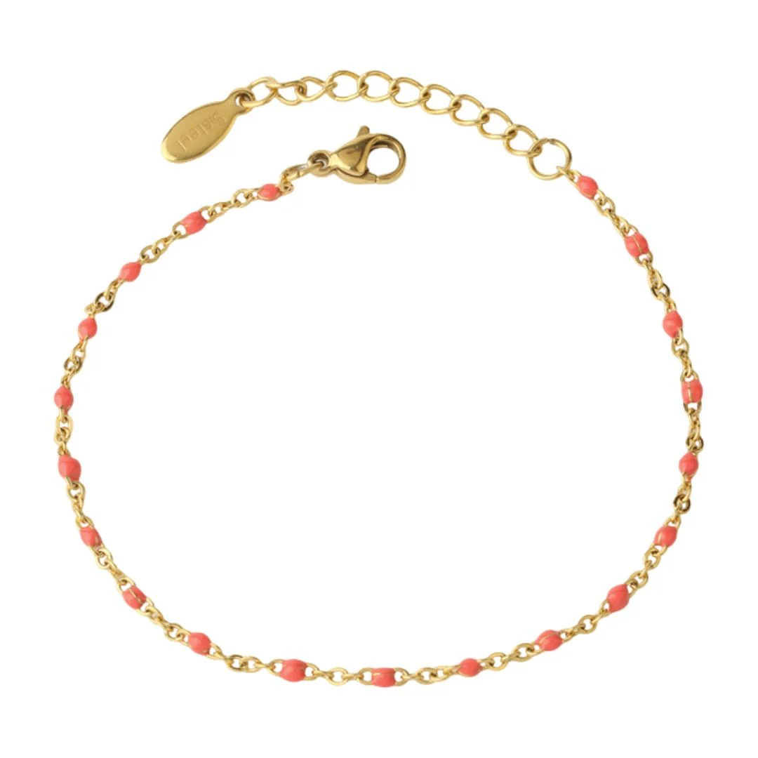 Bracelet fin fantaisie en acier inoxydable doré, maille forçat plaqué or, perles colorées, réglable avec fermoir mousqueton, modèle Fuzy – Image 5